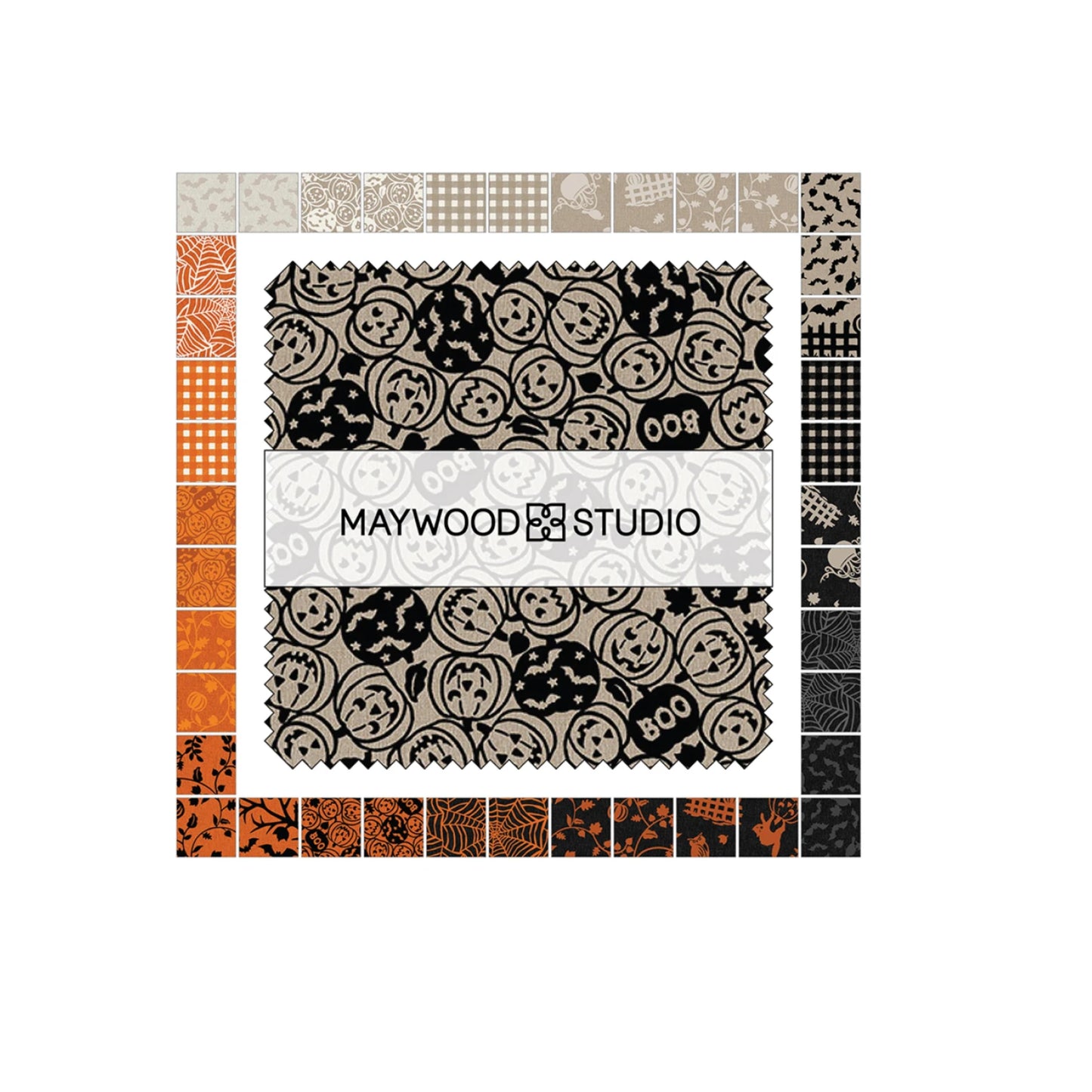 Fabric swatch with Halloween-themed patterns and Maywood Studio branding.