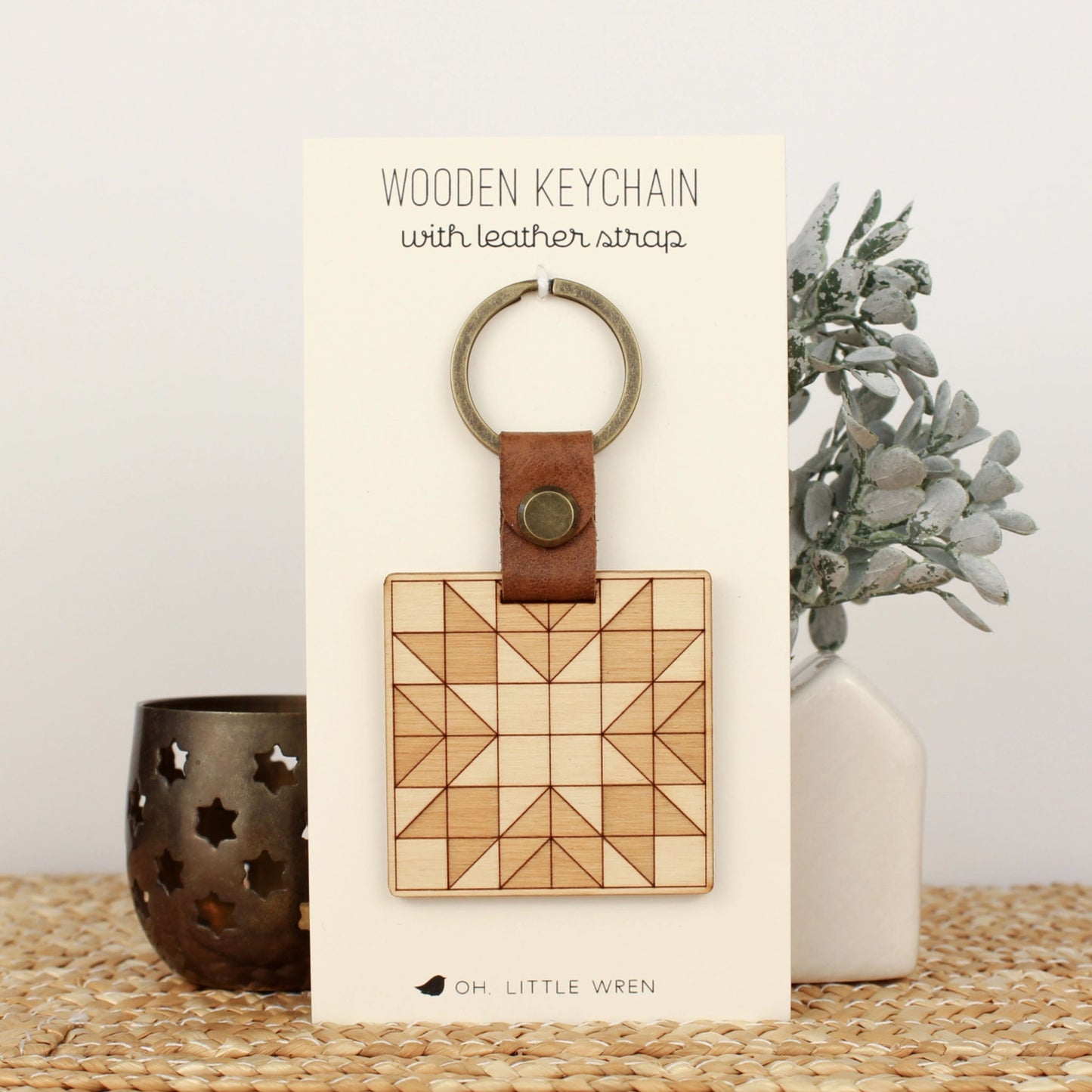 Wood Memory Quilt Block Keychain in packaging by oh, little wren