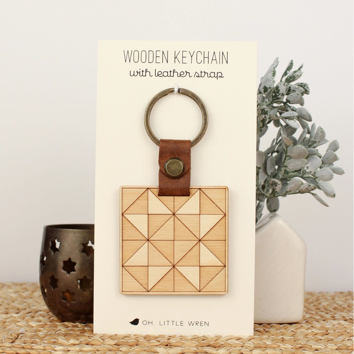 Engraved Wooden Key Chain, with Envelop Motif Quilt Block, in packaging by oh, little wren