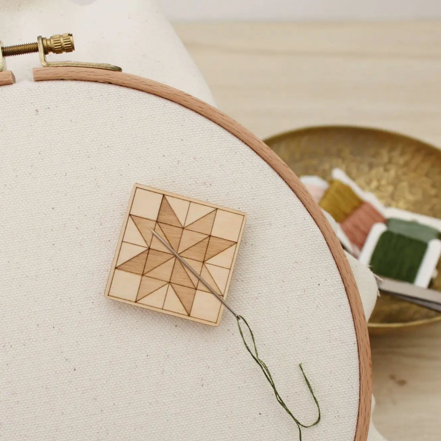 Wooden magnetic needle minder with Quilt Block engraving by Oh Little Wren