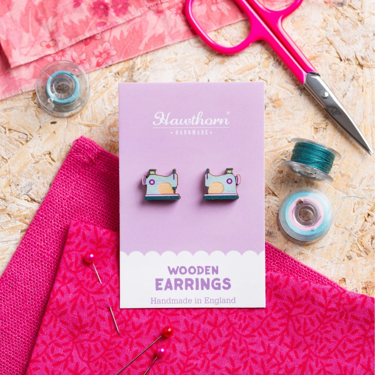 Small wooden sewing machine earrings