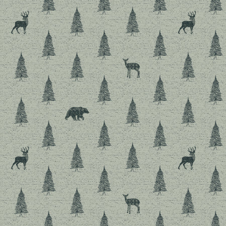 Pattern of trees and deer on a textured beige background