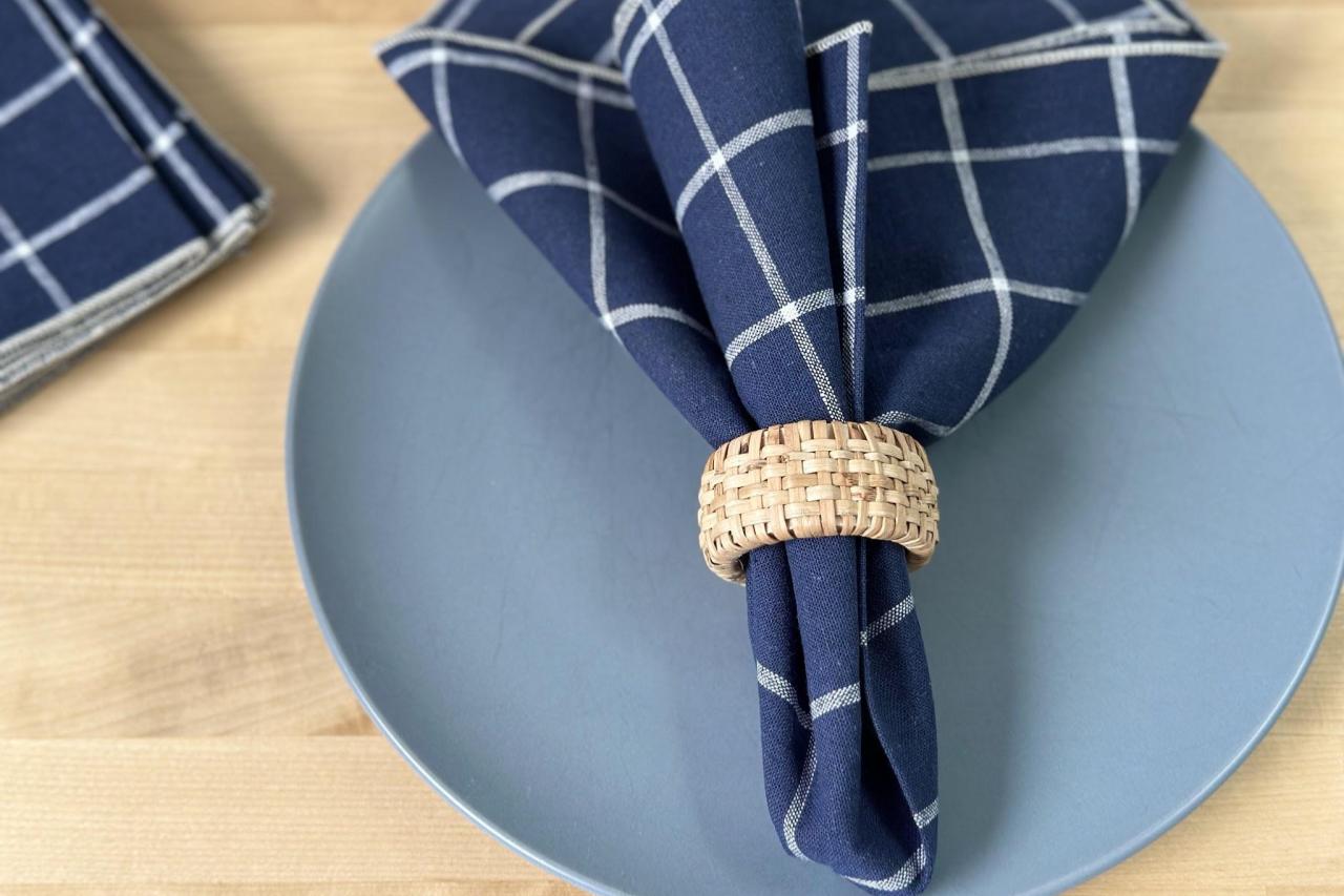 Windowpane Cloth Napkin paired with Rattan Napkin Ring