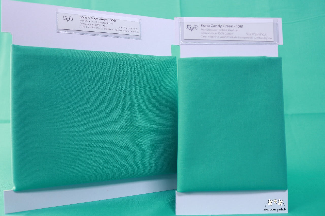 Kona Solids Candy Green precut fat quarter and half yard fabric wrapped on fabric winders