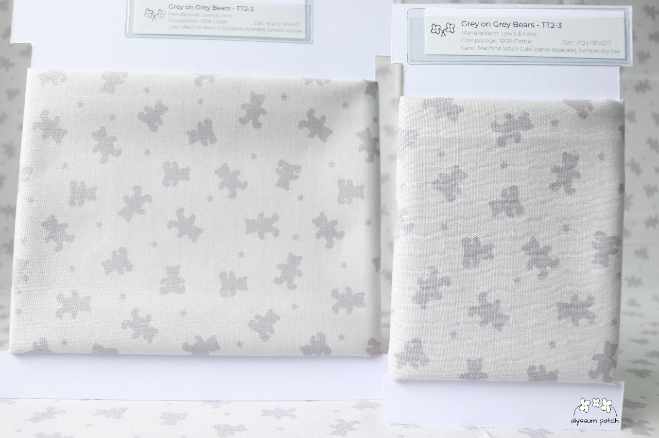 Grey on Grey Bears precut fat quarter and half yard fabric wrapped on fabric winders