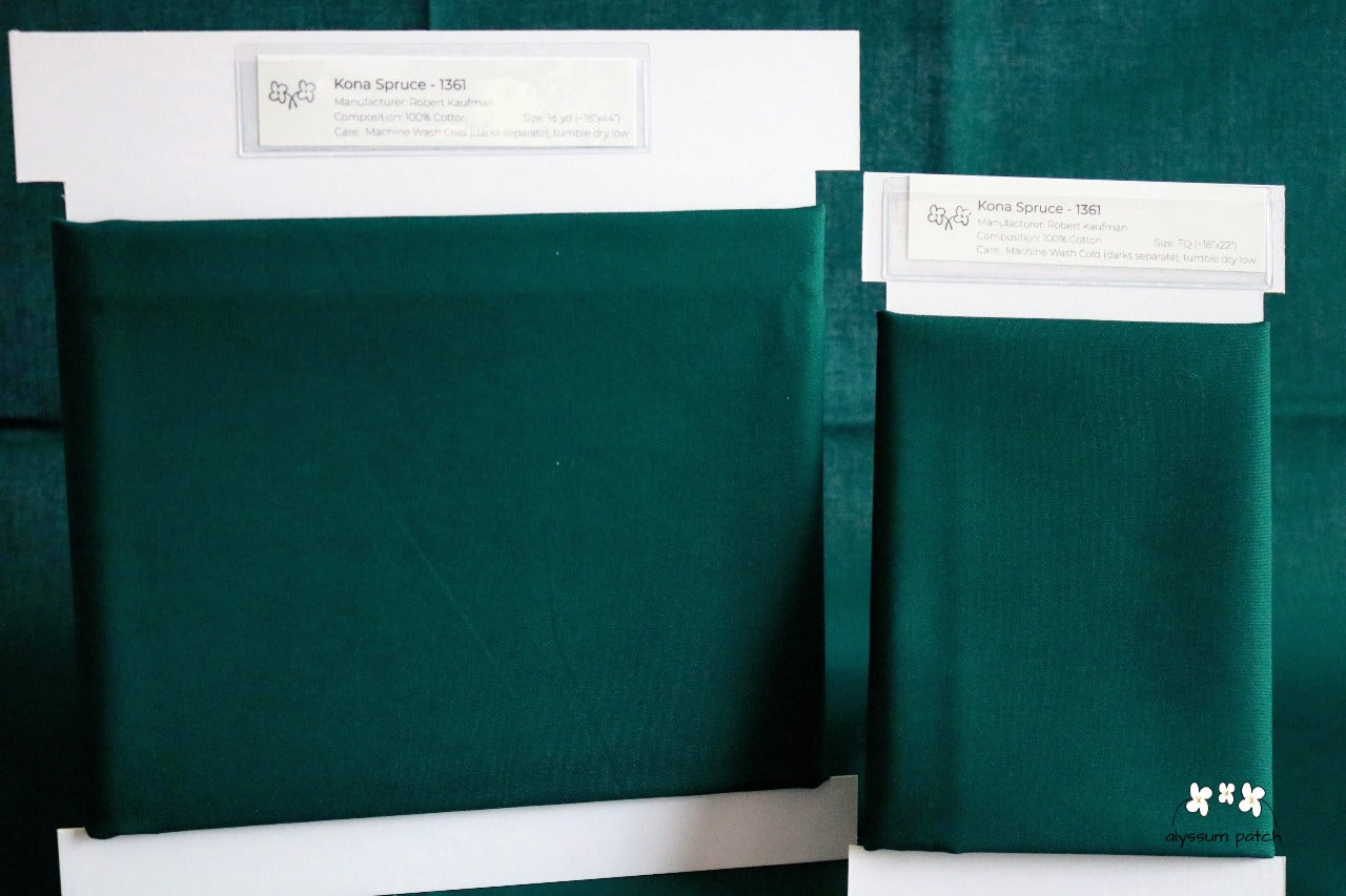 Kona Solids Spruce precut fat quarter and half yard fabric wrapped on fabric winders