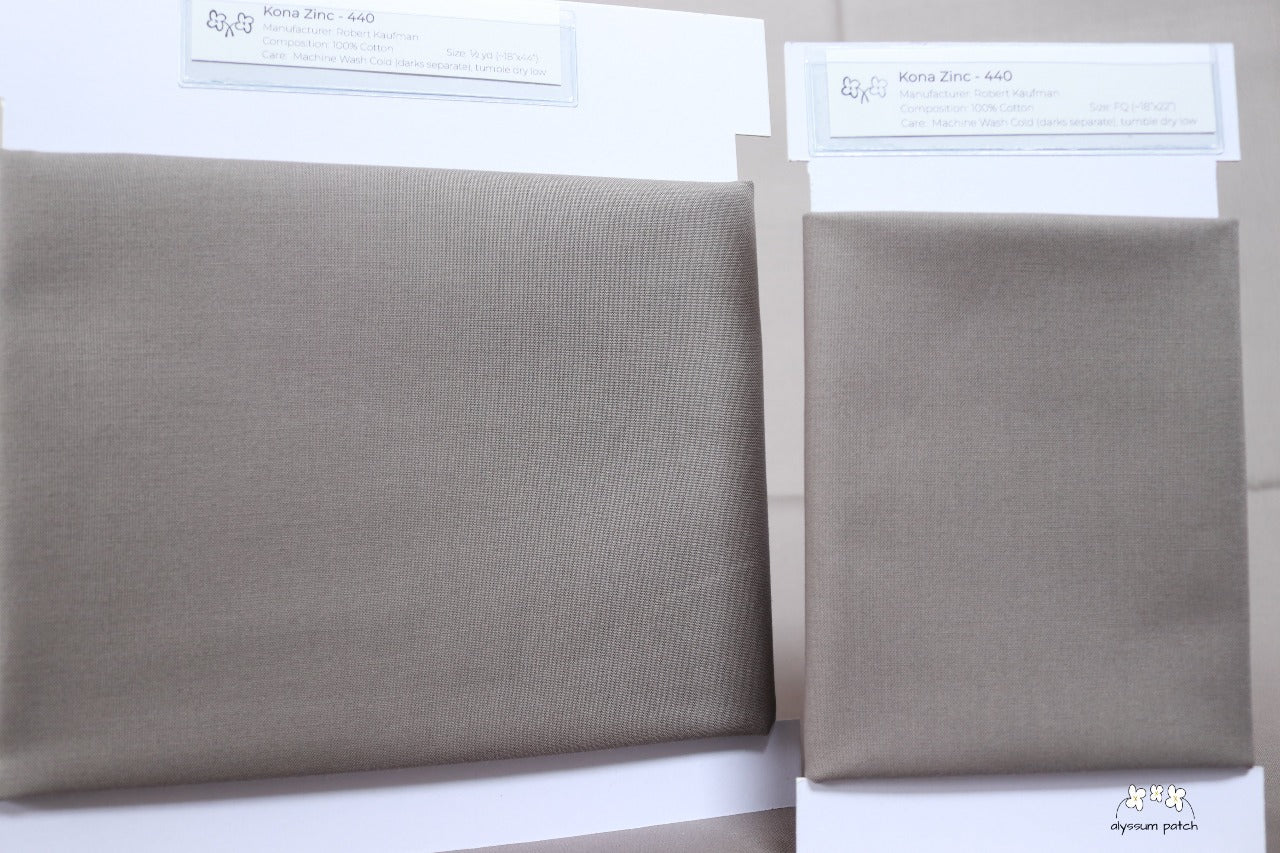 Kona Solids Zinc precut fat quarter and half yard fabric wrapped on fabric winders