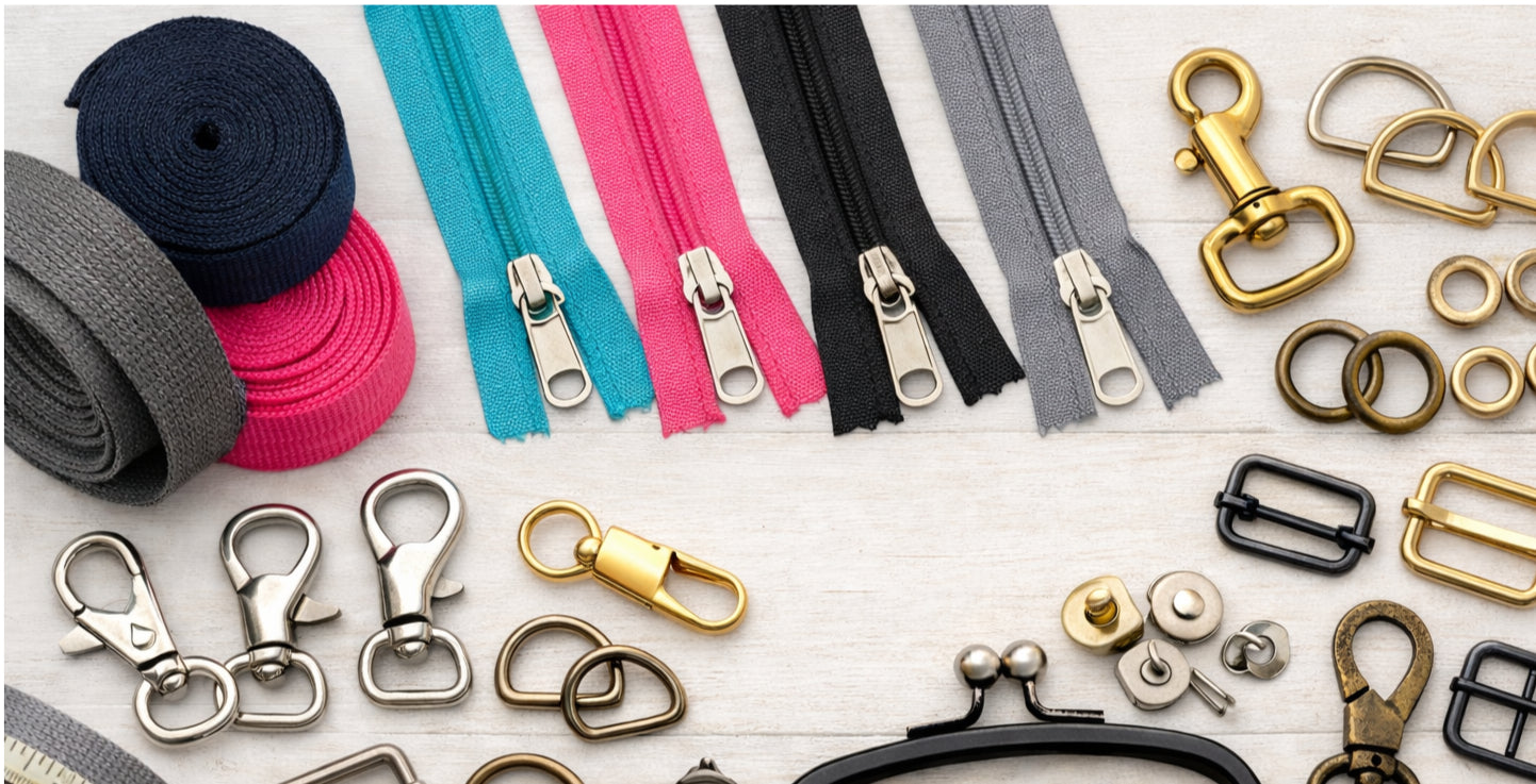 Zippers, straps and bag hardware