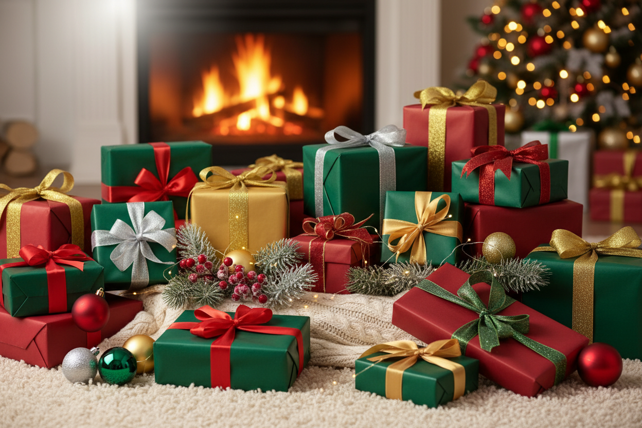 Pile of wrapped Christmas gifts
