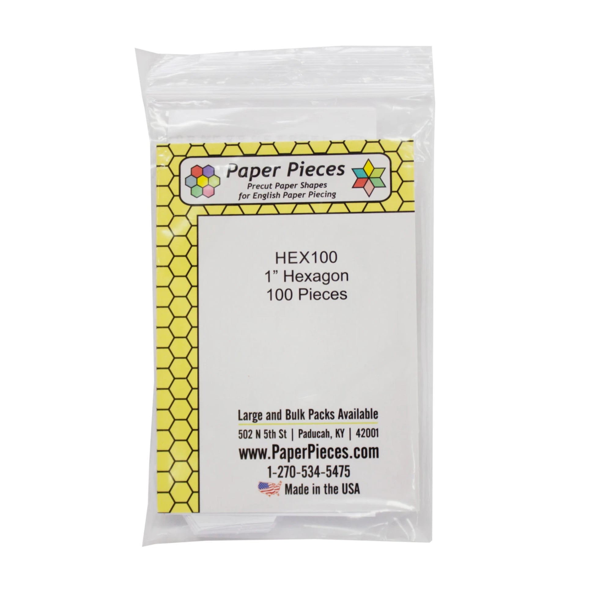 Packaging of Paper Pieces hexagon paper shapes with brand logo and product details.