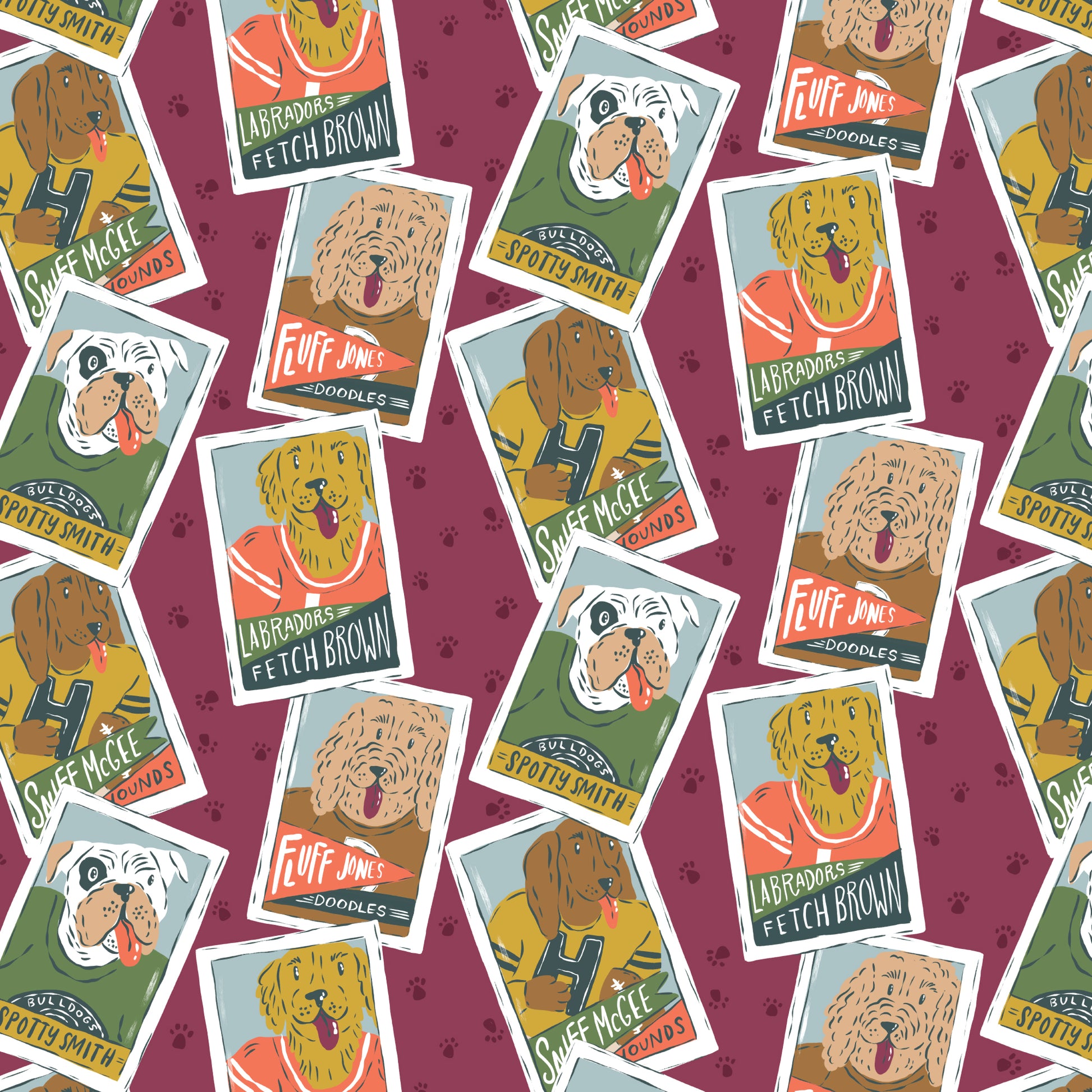 Images of Dogs in Football Playing Cards on a Plum background