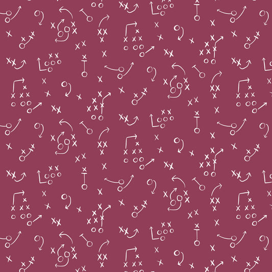 White football play diagrams on a red background