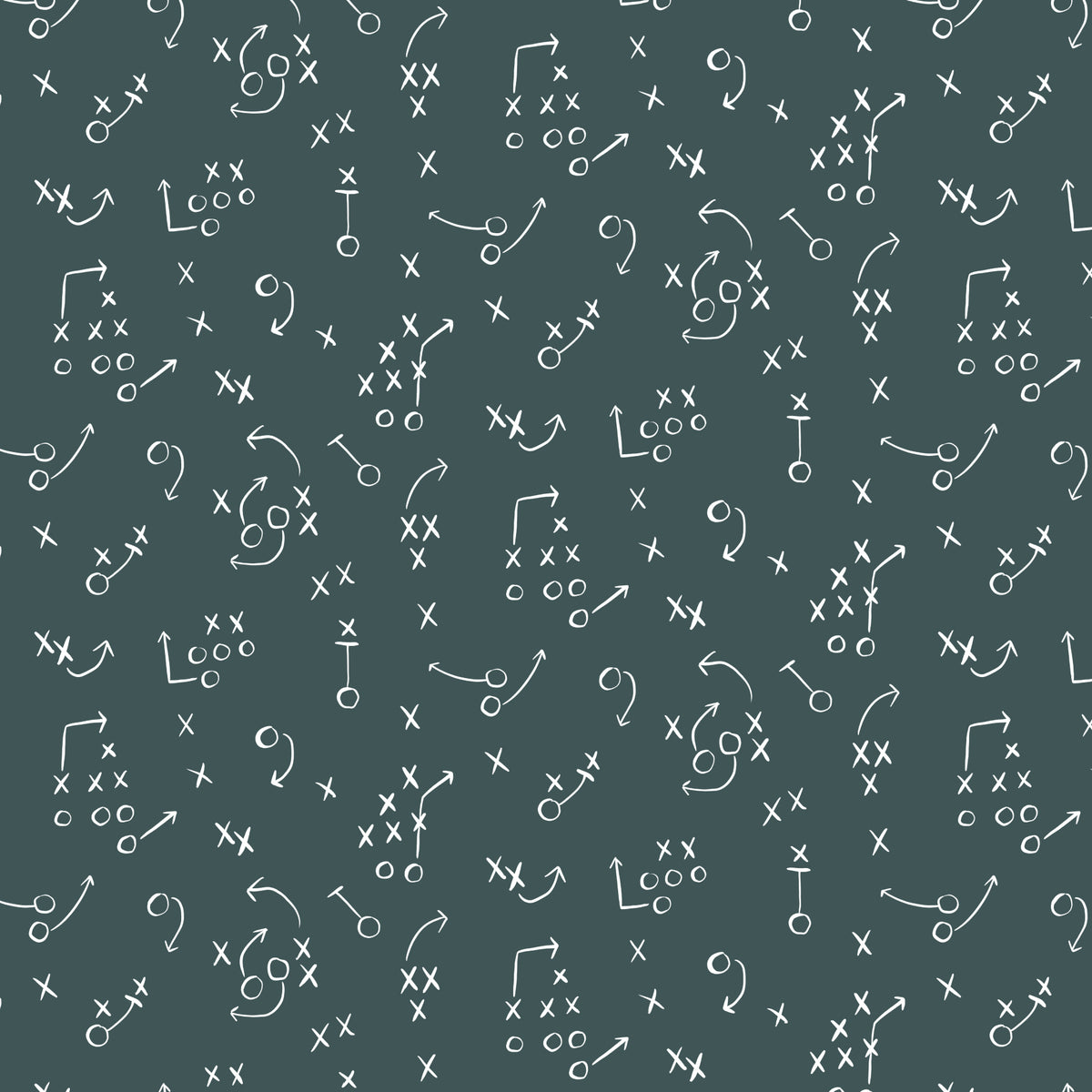 Pattern of football play diagrams on a dark green background