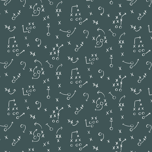 Pattern of football play diagrams on a dark green background