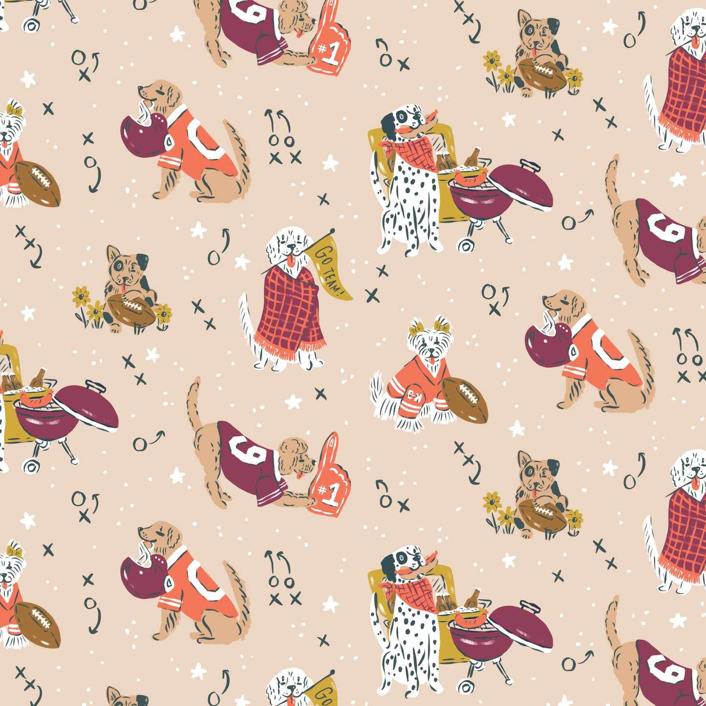 Pattern of dogs in sports-themed outfits on a beige background