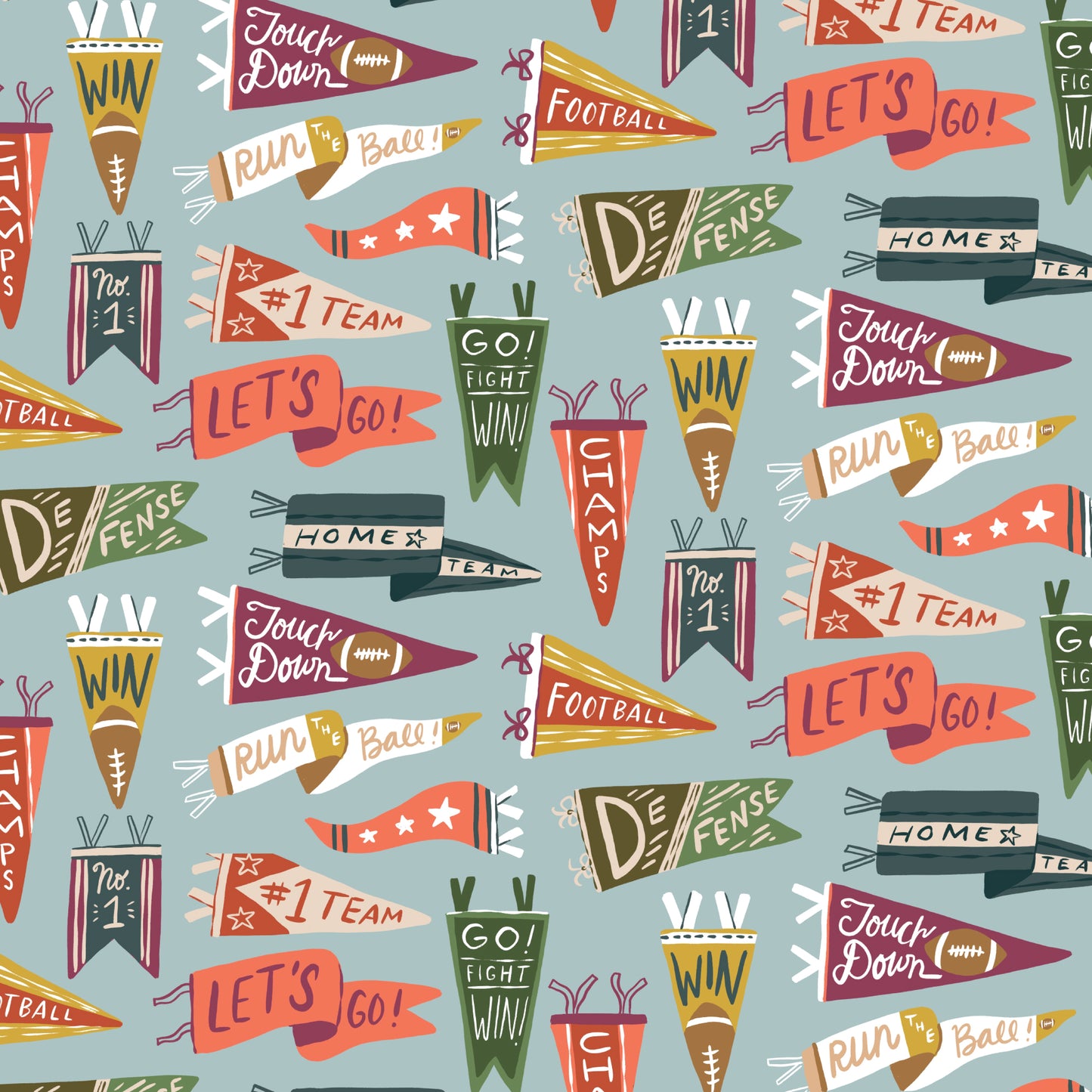 Pattern of colorful football-themed pennants on a blue background