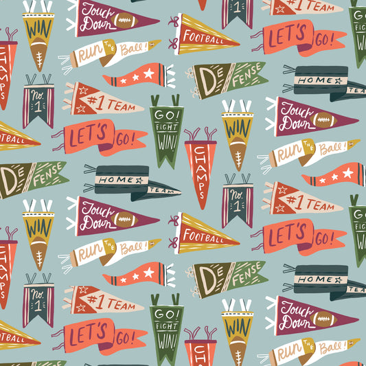 Pattern of colorful football-themed pennants on a blue background