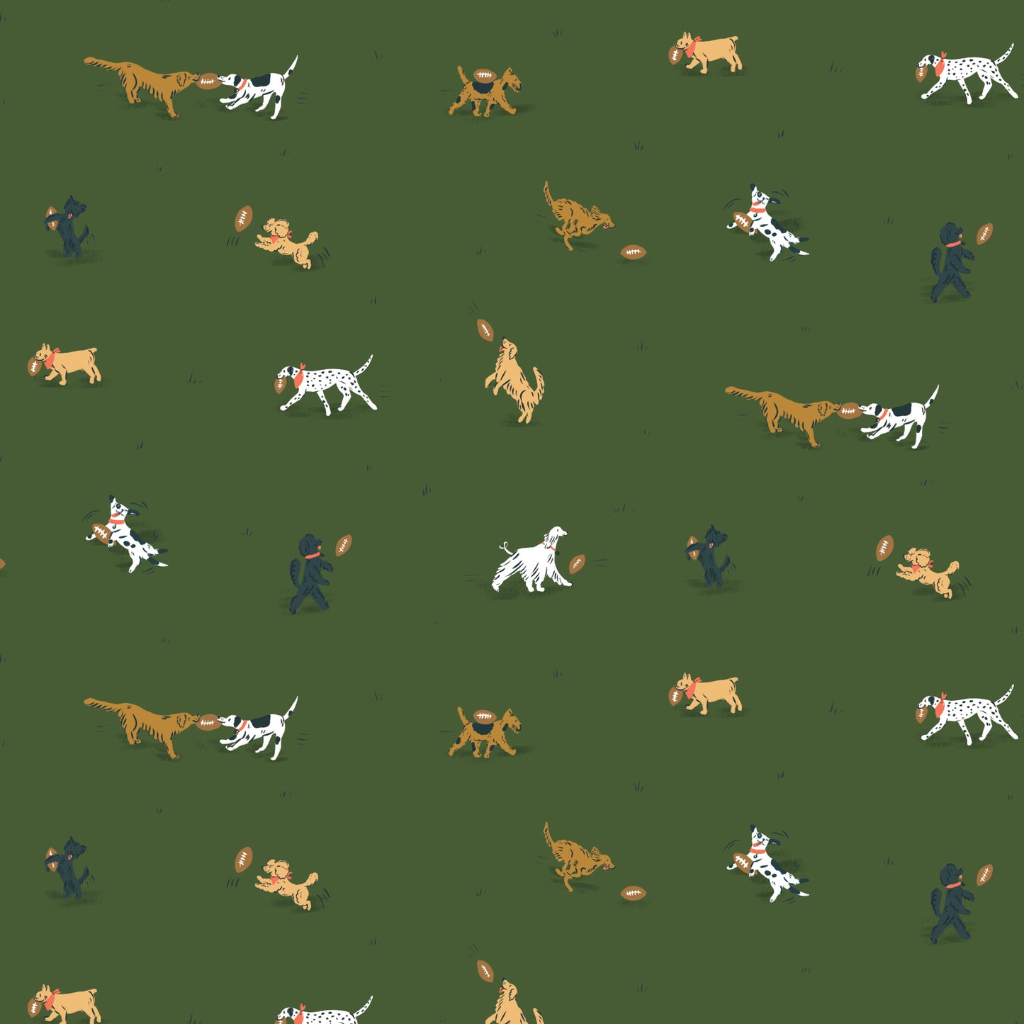 Pattern of dogs playing with a ball on a green background
