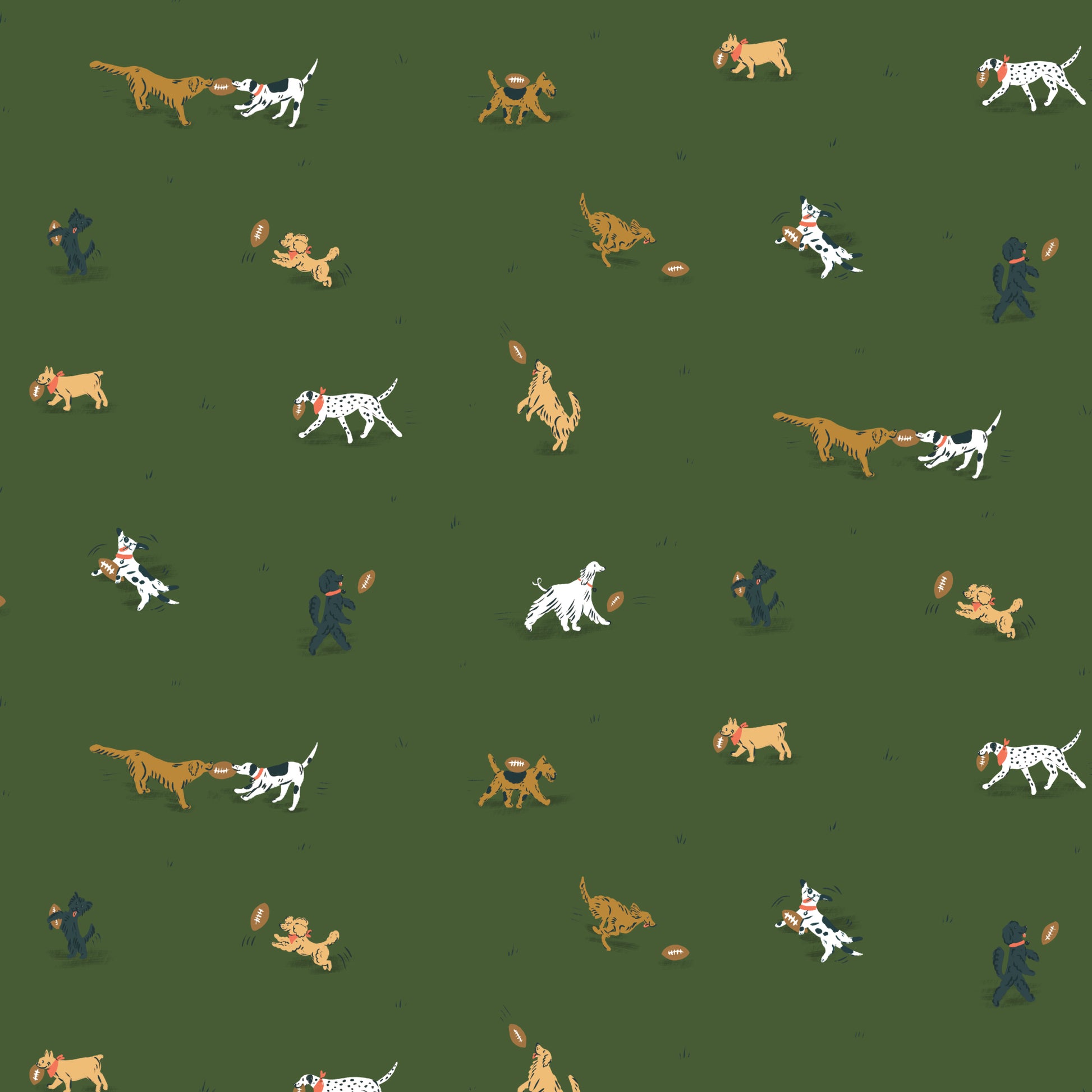 Pattern of dogs playing with a ball on a green background
