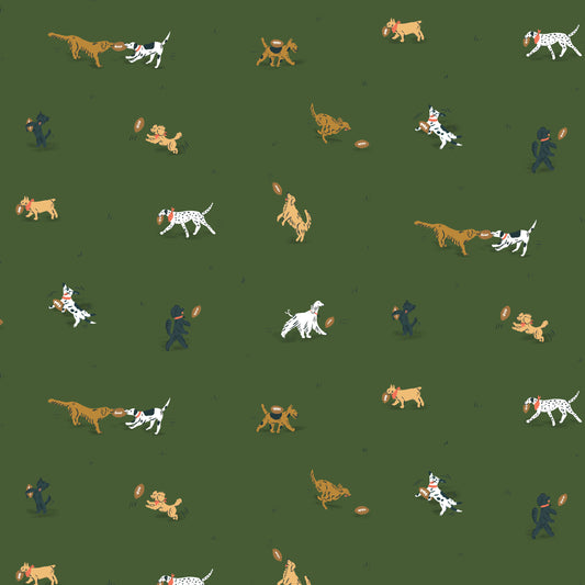 Pattern of dogs playing with a ball on a green background