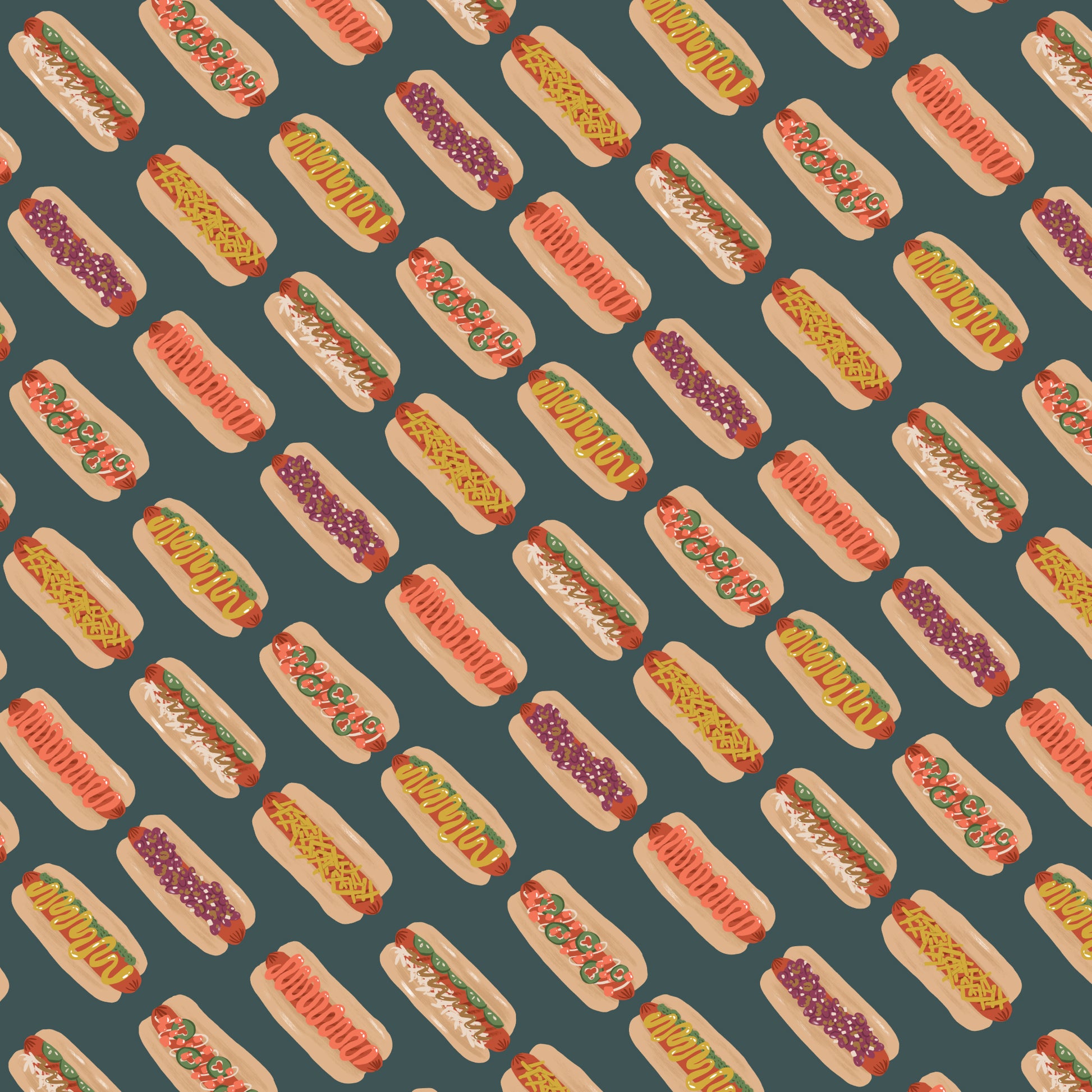 A variety of hotdogs in buns on a teal background