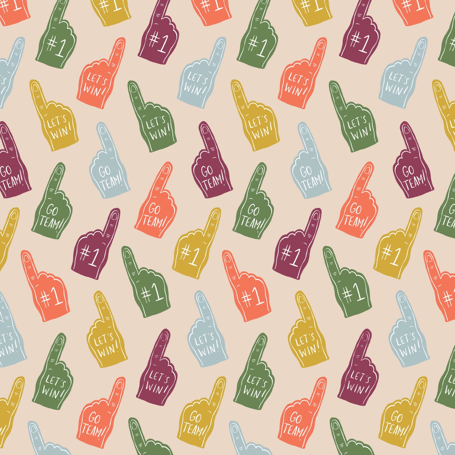 Multi-colored foam fingers with sports sayings on a beige background