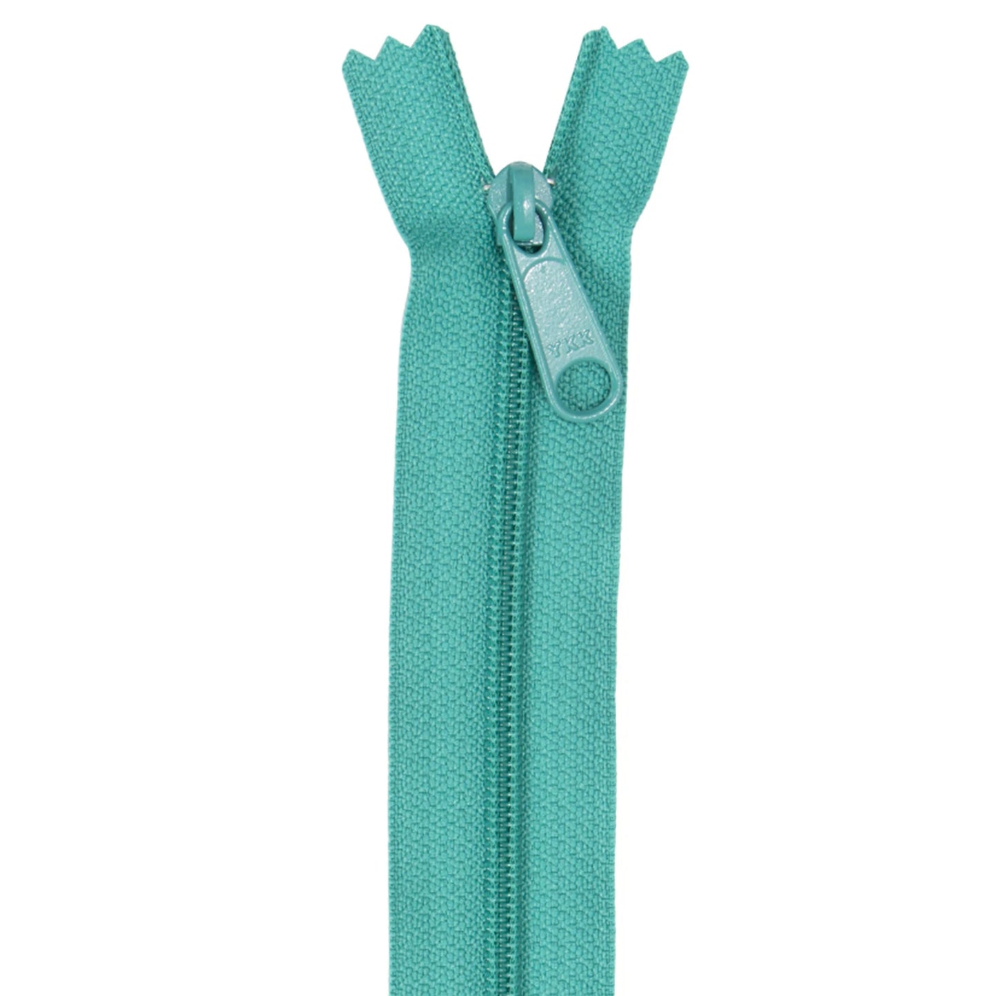 A single teal-colored zipper shown vertically against a plain white background.