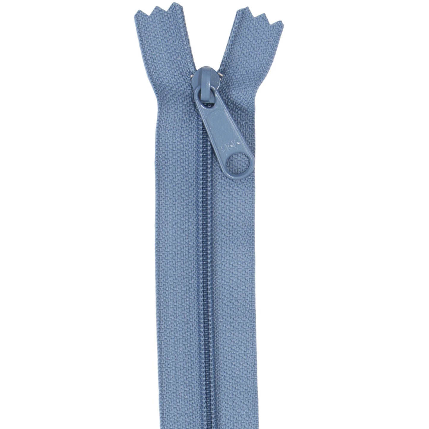 A single light blue fabric zipper shown vertically against a plain white background.