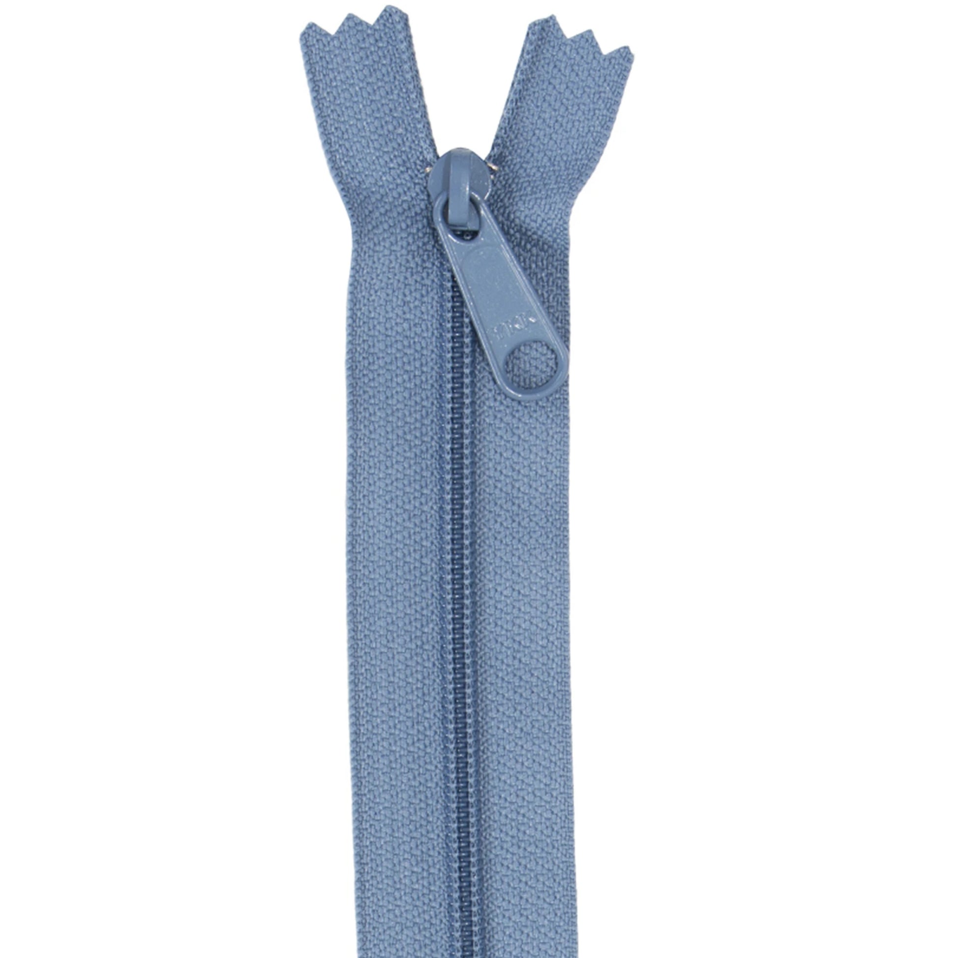 A single light blue fabric zipper shown vertically against a plain white background.