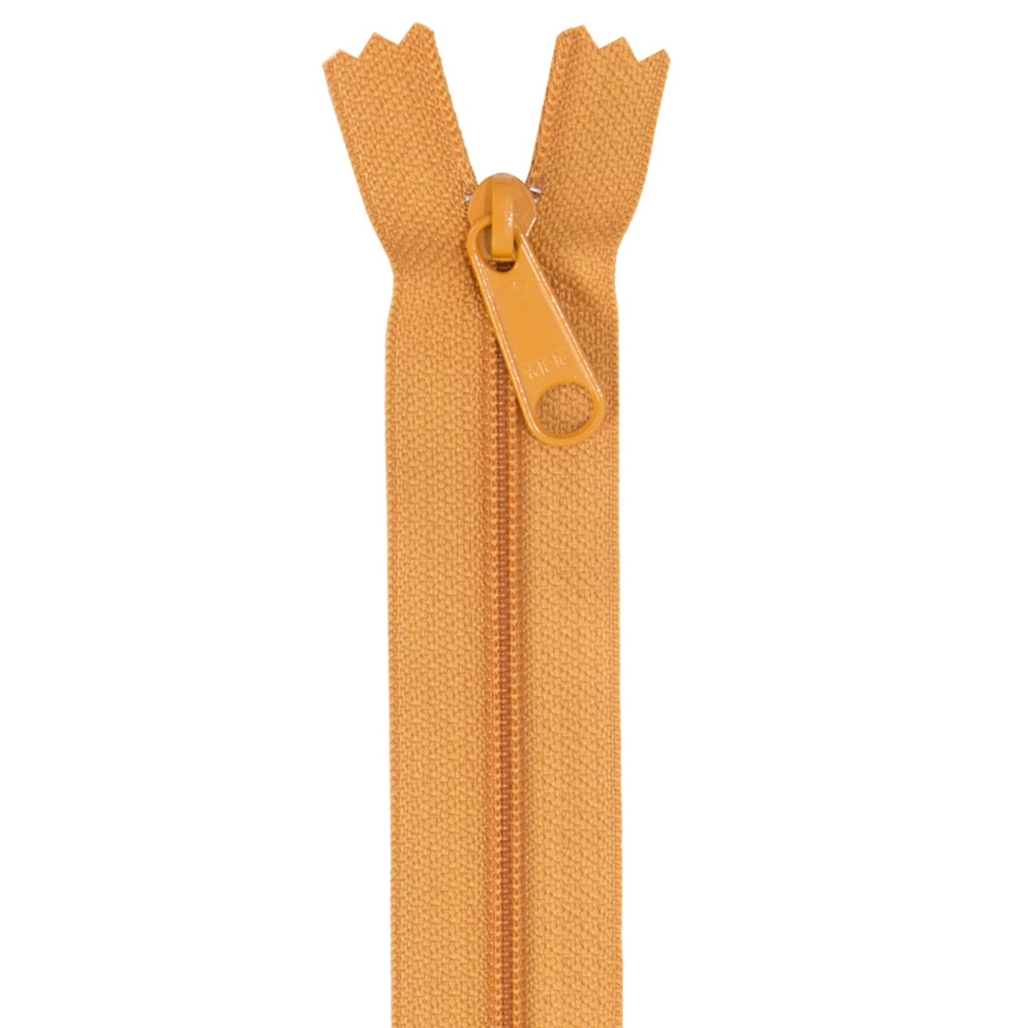 A single orange zipper with a matching pull tab, shown vertically against a plain white background.