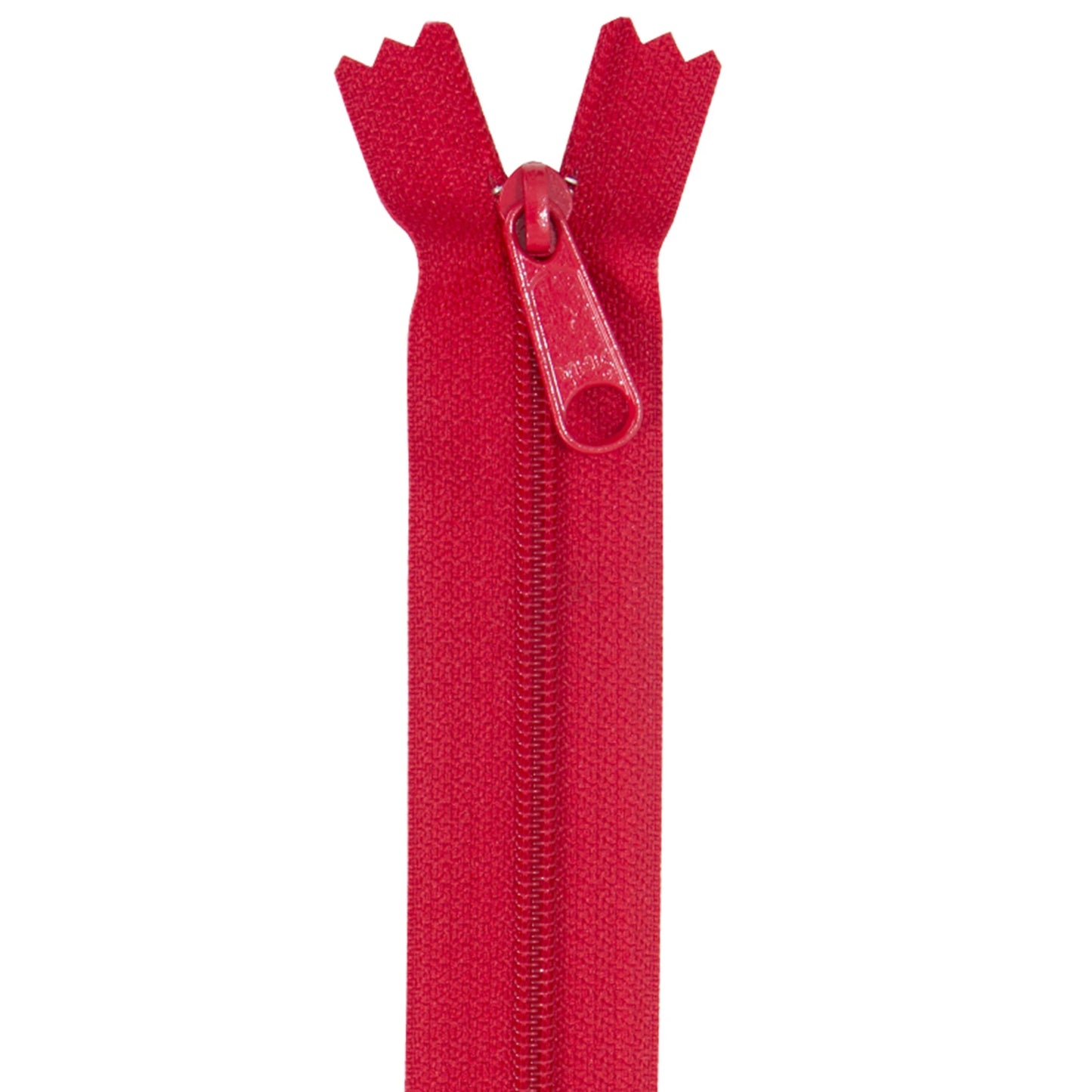 A single red zipper shown vertically on a plain white background, with the pull tab visible near the top center.
