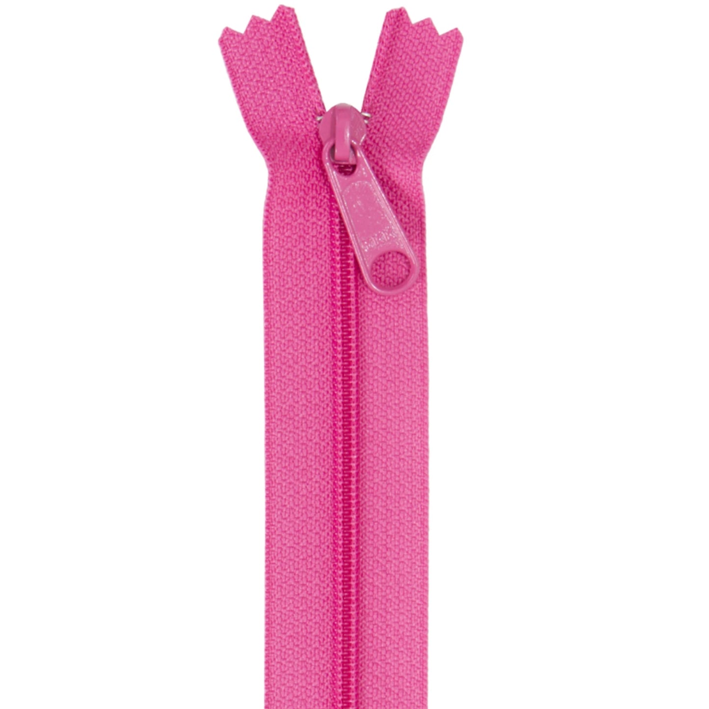 Bright pink zipper with matching pull tab on a white background