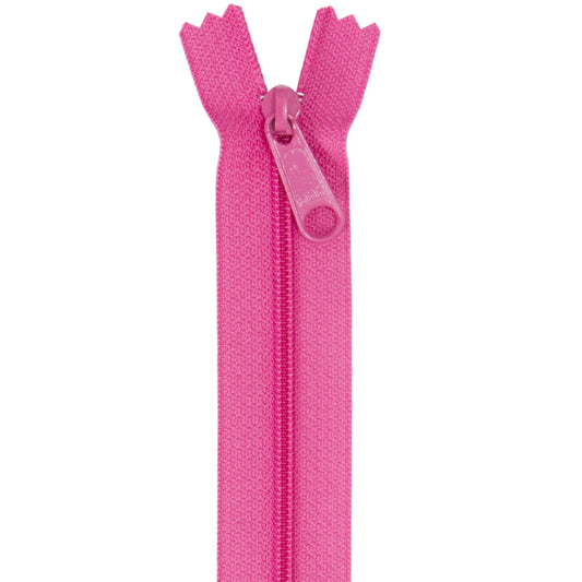 Bright pink zipper with matching pull tab on a white background