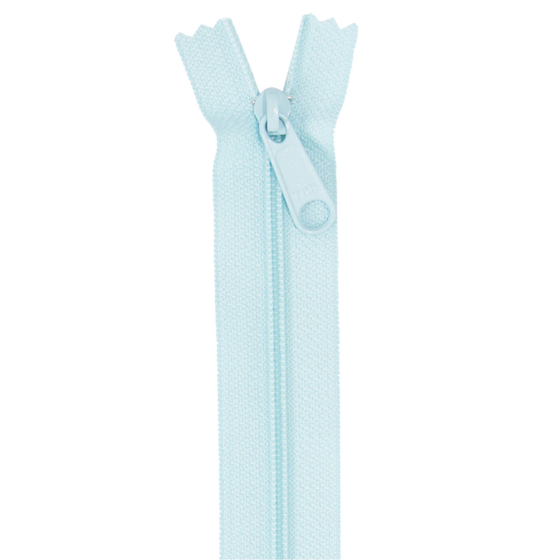 A single light blue zipper shown vertically against a plain white background.