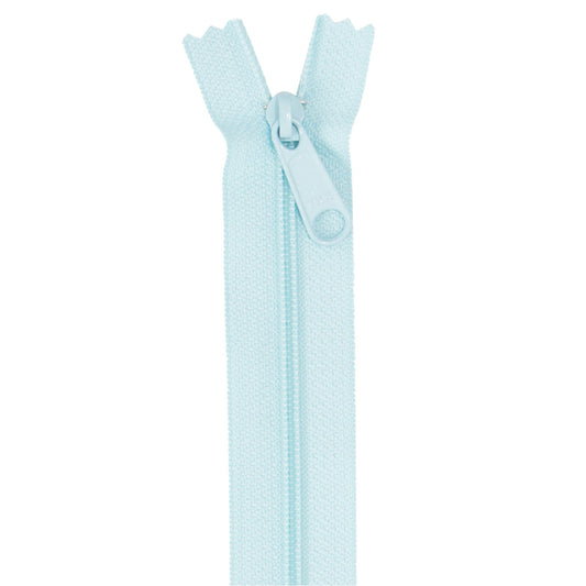 A single light blue zipper shown vertically against a plain white background.