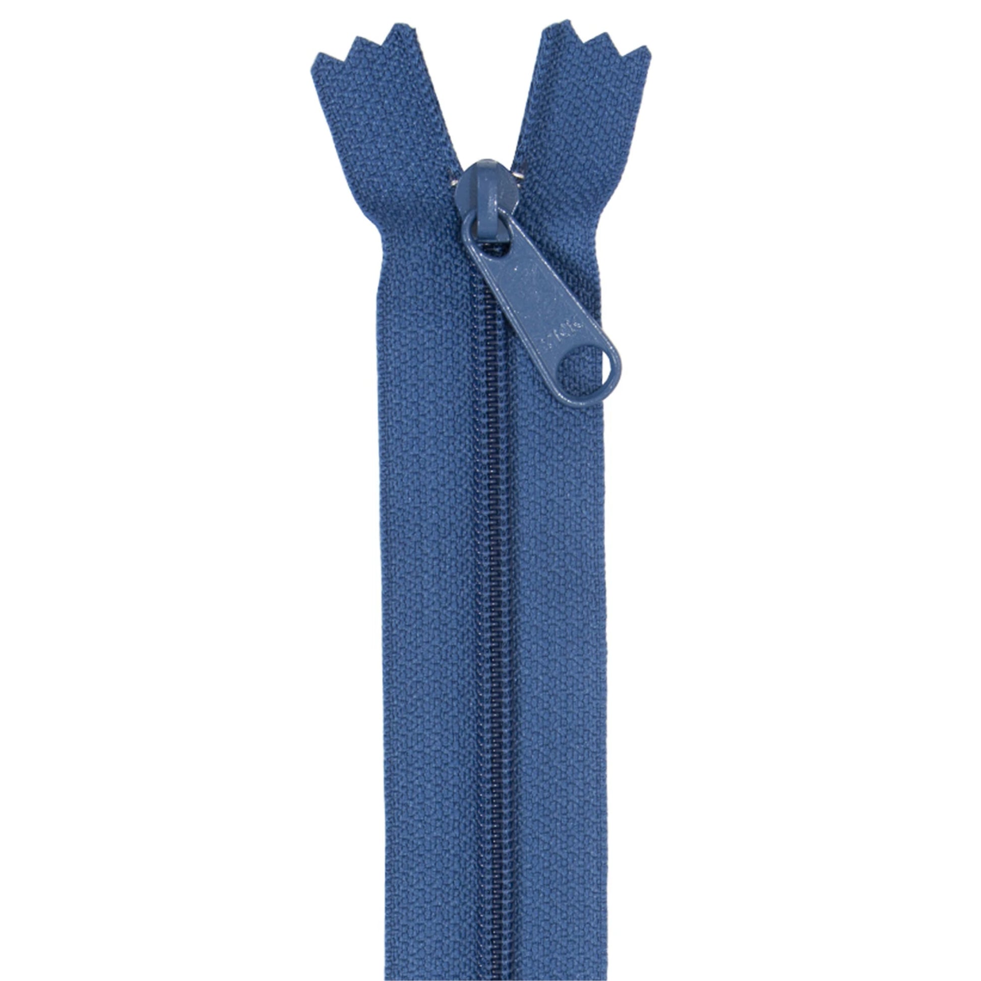 blue Zipper with matching pull tab on white background