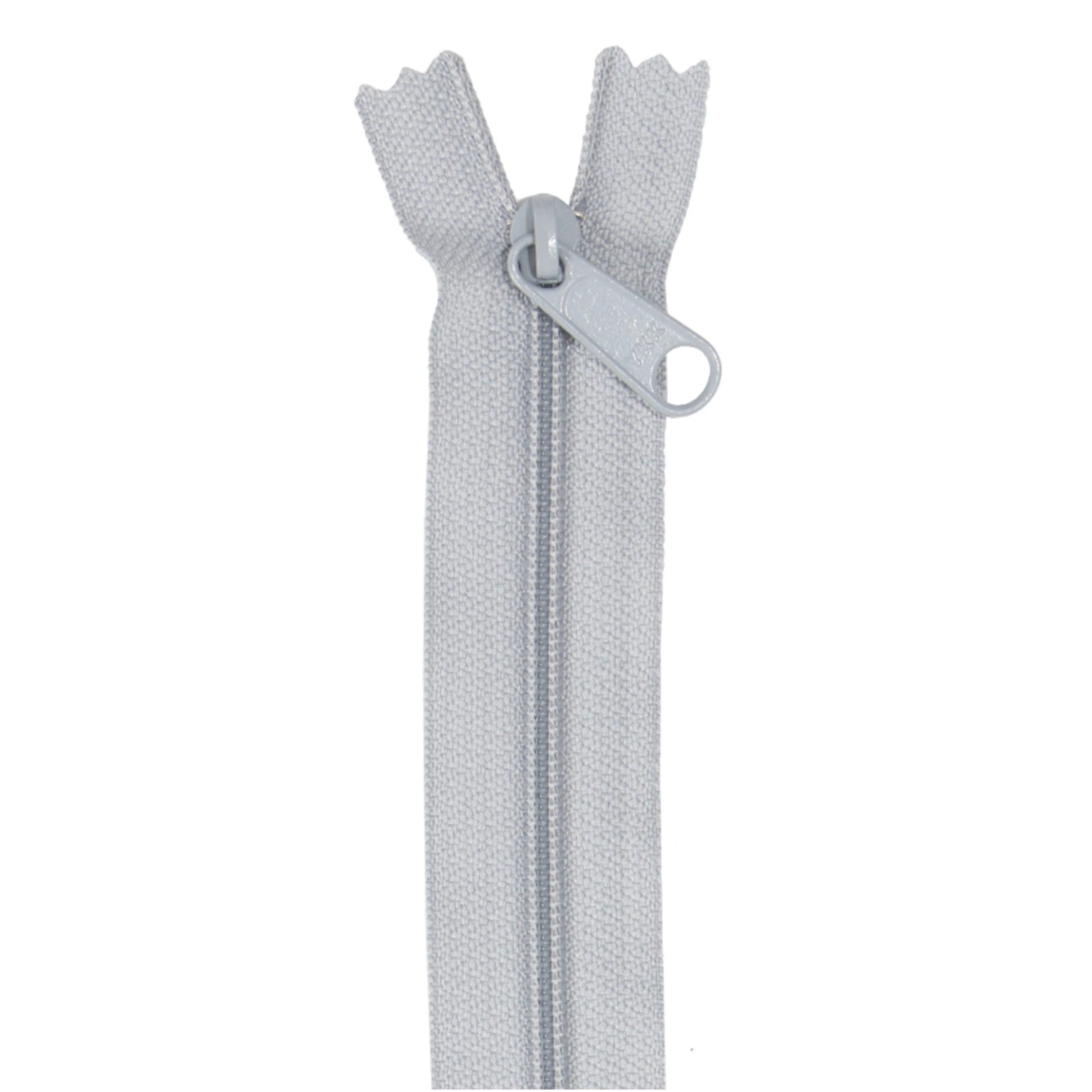 A single light gray fabric zipper with a matching gray metal pull tab, shown vertically against a plain white background.