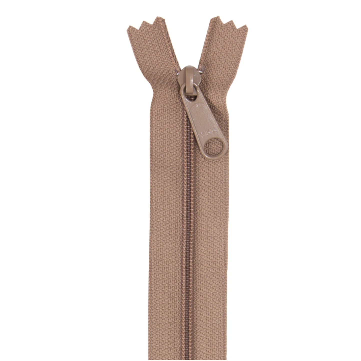 Medium Brown Zipper with matching pull tab on white background