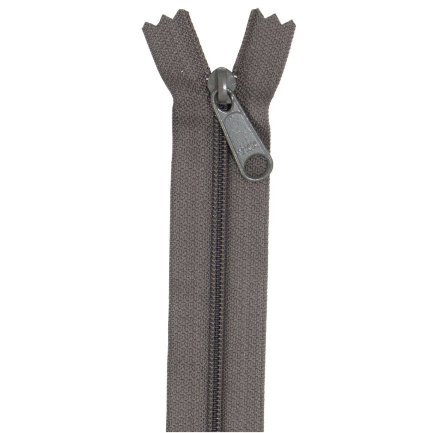 Dark Grey zipper with matching pull tab on a white background