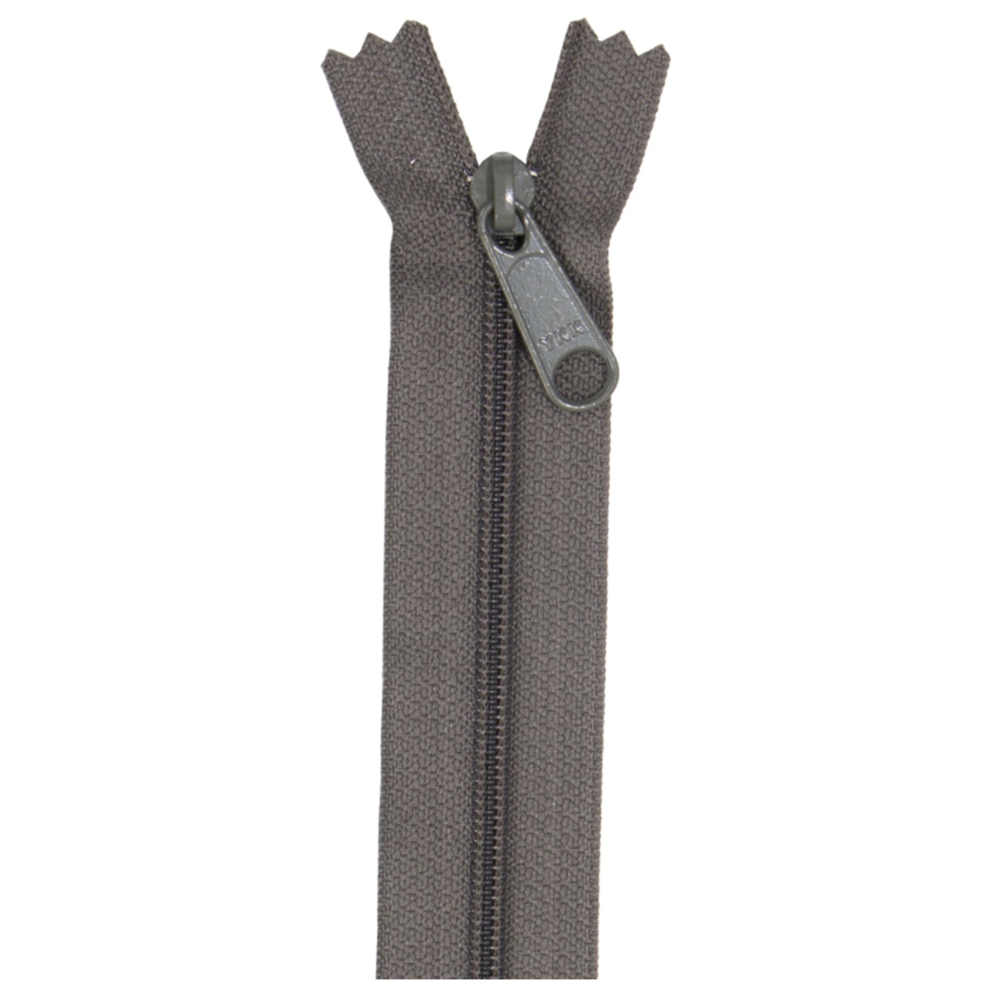 Dark Grey zipper with matching pull tab on a white background