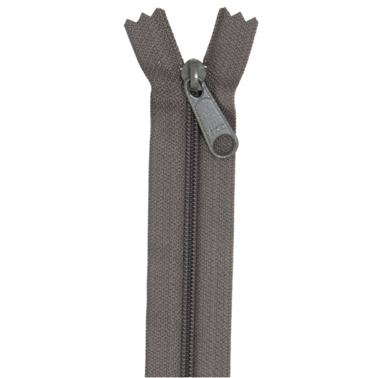 Dark Grey zipper with matching pull tab on a white background
