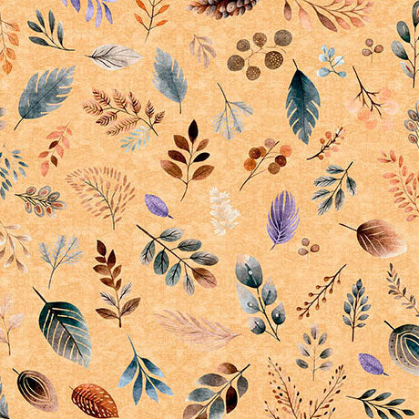 Pattern of colorful leaves and branches on a beige background