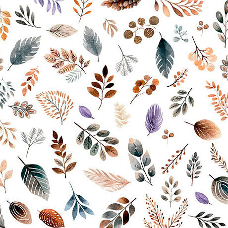 Pattern of watercolor leaves and branches on a white background