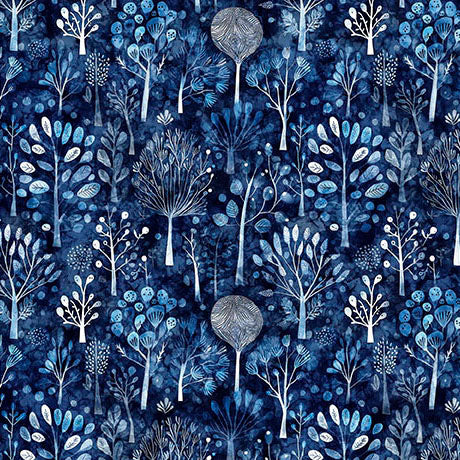Pattern of stylized trees and plants in blue on a dark blue background