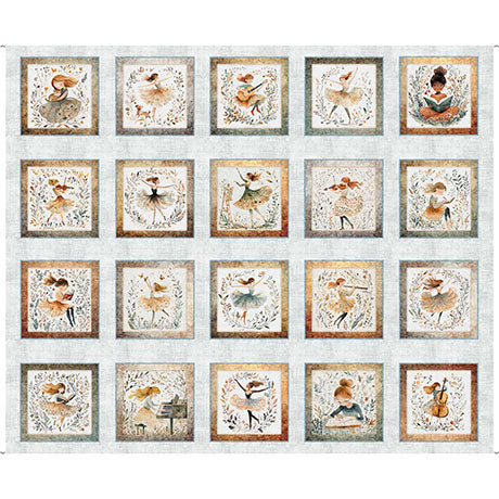 Quilt with framed illustrations of ballerinas in various poses on a white background