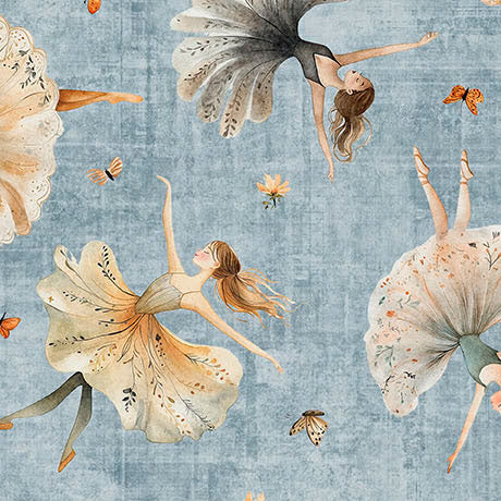 Pattern of ballerinas and butterflies on a textured blue background