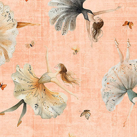 Illustrations of dancers and butterflies on a peach background