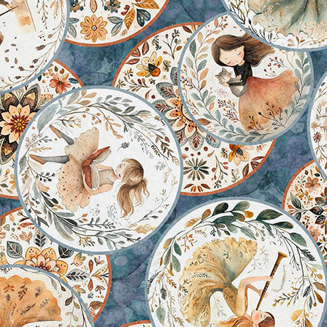 Patterned fabric with illustrations of a girl surrounded by flowers and leaves.