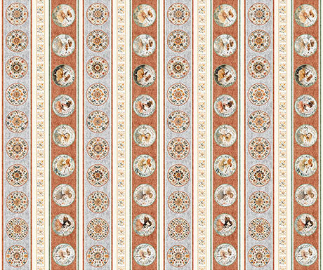 Decorative border with circular patterns and floral elements on a striped background