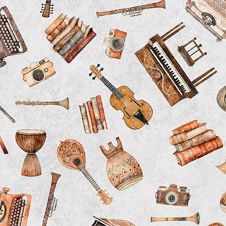 Pattern of vintage musical instruments and books on a light gray background
